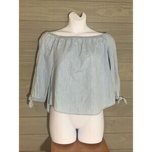Vineyard Vines Denim Chambray Off The Shoulder Top Womens 8 Knotted Sleeve